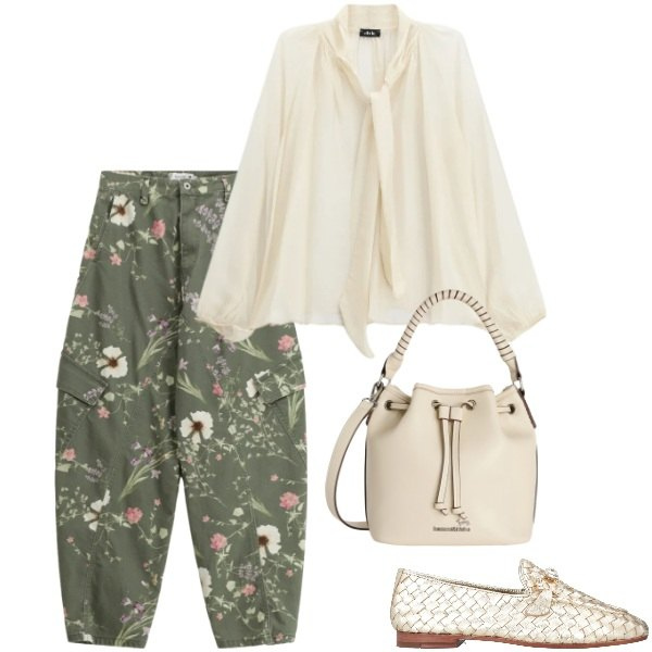 Outfit donna - Marzo a fiori. Stile Romantica per Tutti i giorni. Abbinamento con mocassini, borse a secchiello, bluse, pantaloni cargo.