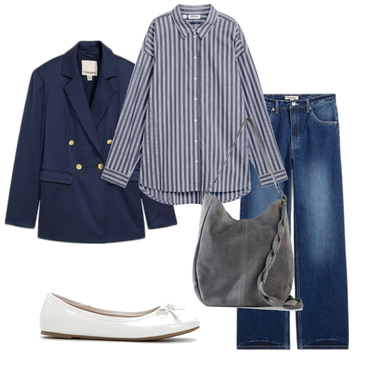 Outfit femme - Chemise + blazer. Style Hommasse pour Bureau. Assortir avec jeans, blazers, chemisiers, ballerines, sacs à main.