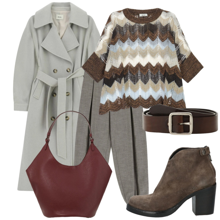 Outfit donna - Core. Stile Urban per Ufficio. Abbinamento con stivaletti, pantaloni a palazzo, maglieria, borse a spalla, cappotti, cinture.