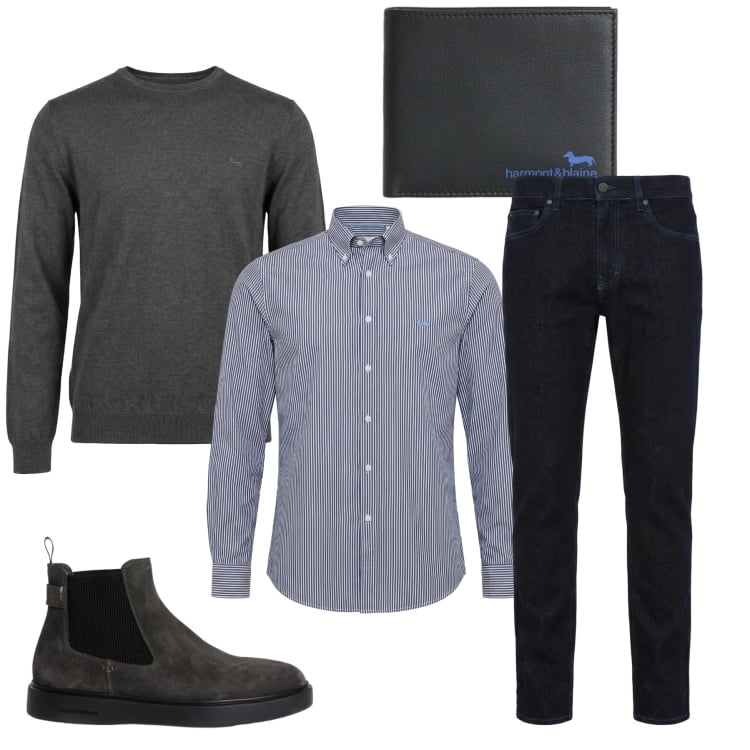Outfit uomo - Il Look Smart-Casual in Grigio e Blu. Stile Urban per Tutti i giorni. Abbinamento con jeans, portafogli, camicie, stivali e stivaletti, pullovers.