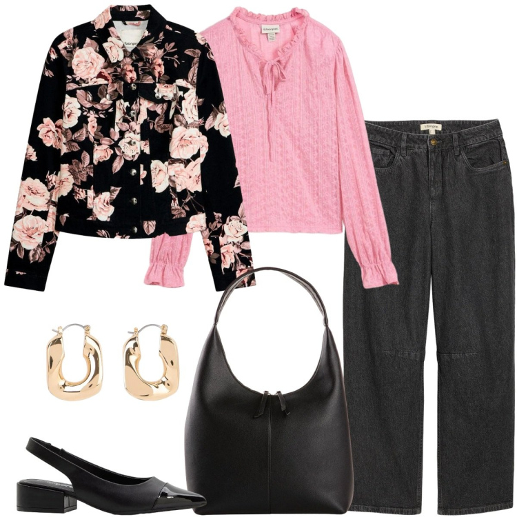 Outfit donna - Total Bomprix. Stile Casual chic per Serata fuori. Abbinamento con shopping bag, jeans, décolleté, orecchini, blazer, bluse.