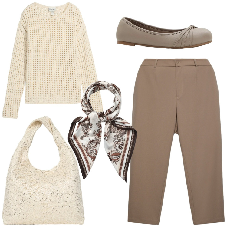 Outfit donna - Look fresco e leggero. Stile Chic per Tutti i giorni. Abbinamento con maglieria, ballerine, pantaloni chino, foulard, borse a spalla.