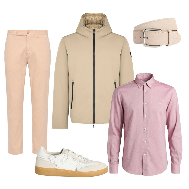 Outfit uomo - Desert Sunset. Stile Urban per Tutti i giorni. Abbinamento con sneakers, cinture, camicie, pantaloni chino, parka.