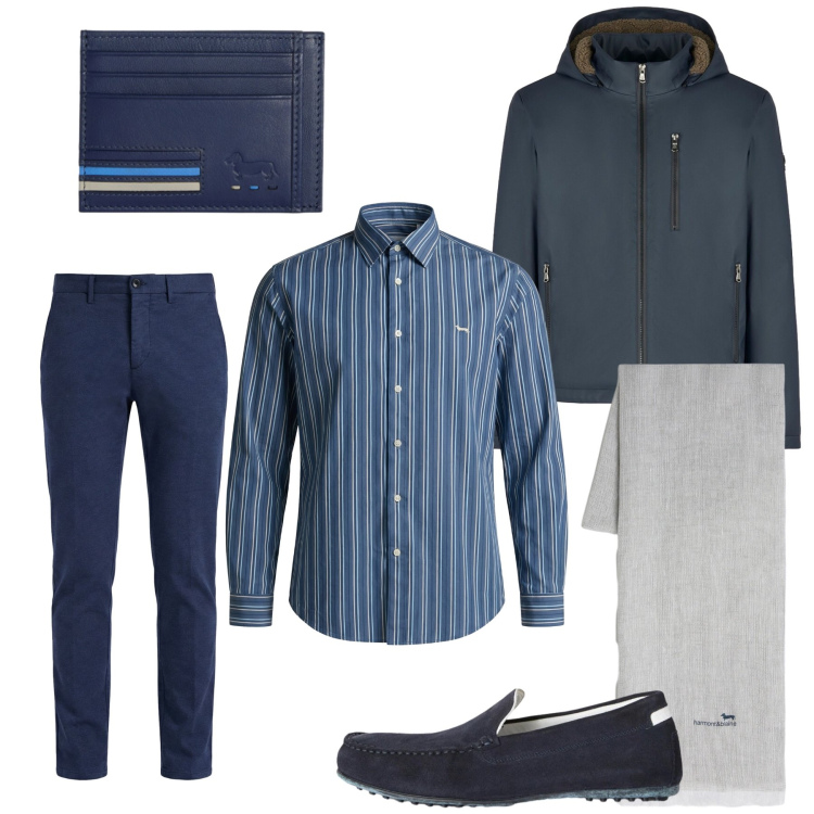 Outfit uomo - Deep Navy. Stile Urban per Tutti i giorni. Abbinamento con scarpe stringate, portafogli, sciarpe, camicie, pantaloni chino, piumini.