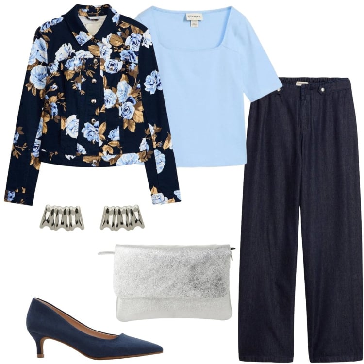 Outfit donna - Total look #2363130. Stile Casual chic per Serata fuori. Abbinamento con t-shirt, blazer, décolleté, jeans dritti, borse a spalla, orecchini.