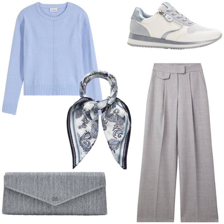 Outfit donna - Spring outfit ideas. Stile Casual chic per Tutti i giorni. Abbinamento con maglieria, sneakers, pantaloni, foulard, pochette.