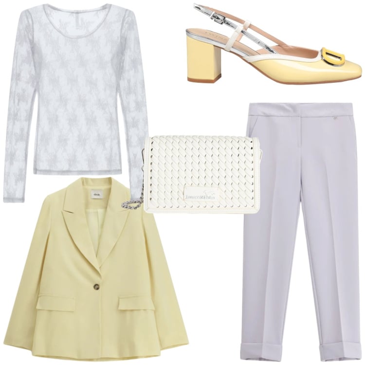 Outfit donna - Giallo e lilla combo sofisticata. Stile Chic per Tutti i giorni. Abbinamento con décolleté, borse a tracolla, pantaloni, bluse, blazer.
