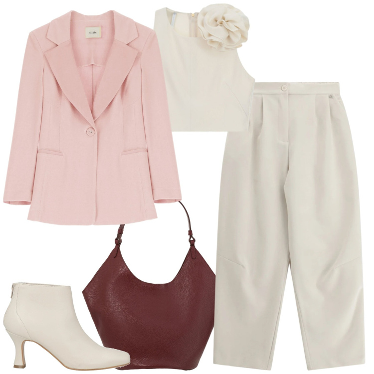 Outfit donna - Cerimonia primaverile. Stile Casual chic per Cerimonia. Abbinamento con stivaletti, top, blazer, pantaloni a palazzo, borse a spalla.