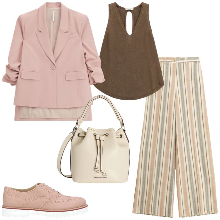 Outfit donna - Rosa e beige. Stile Glamour per Tutti i giorni. Abbinamento con scarpe stringate, borse a secchiello, blazer, pantaloni a palazzo, top.