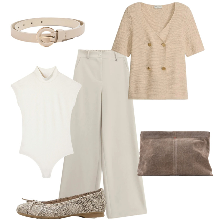 Outfit donna - Aperipranzo. Stile Casual chic per Tutti i giorni. Abbinamento con cardigans, ballerine, body, cinture, pantaloni a palazzo, pochette.