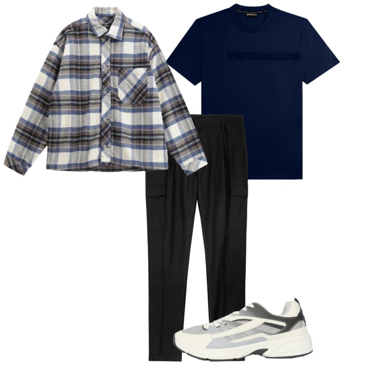 Outfit uomo - Quadri weekend. Stile Casual per Tutti i giorni. Abbinamento con sneakers, camicie, t-shirt, pantaloni cargo.