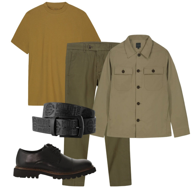 Outfit uomo - Senape. Stile Casual per Tutti i giorni. Abbinamento con cinture, scarpe stringate, pantaloni chino, t-shirt, cappotti.