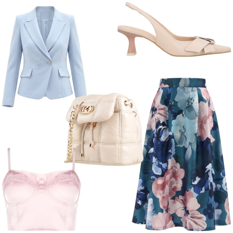 Outfit donna - Serata romantica. Stile Romantica per Serata fuori. Abbinamento con décolleté, valigie, top, gonne longuette, blazer.