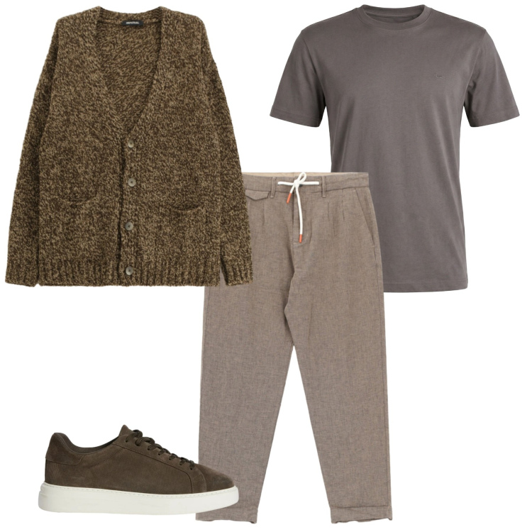 Outfit uomo - Weekend dinamico. Stile Casual per Tutti i giorni. Abbinamento con sneakers, t-shirt, cardigans, pantaloni.