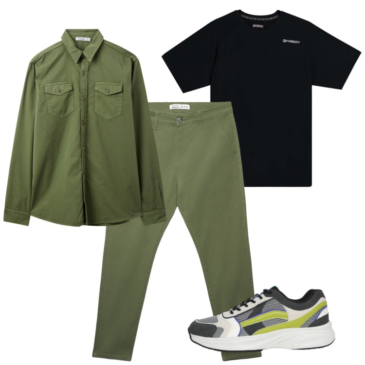 Outfit uomo - Verde pomeriggio. Stile Casual per Tutti i giorni. Abbinamento con camicie, sneakers, pantaloni chino, t-shirt.