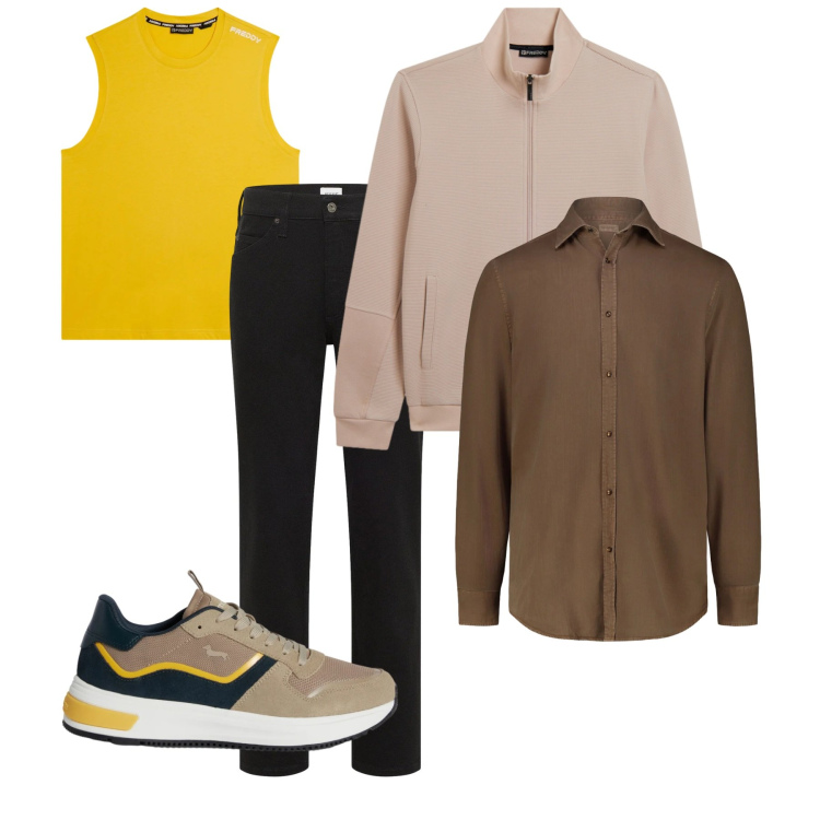 Outfit uomo - Layering. Stile Casual per Tutti i giorni. Abbinamento con jeans dritti, sneakers, felpe, canottiere, camicie.