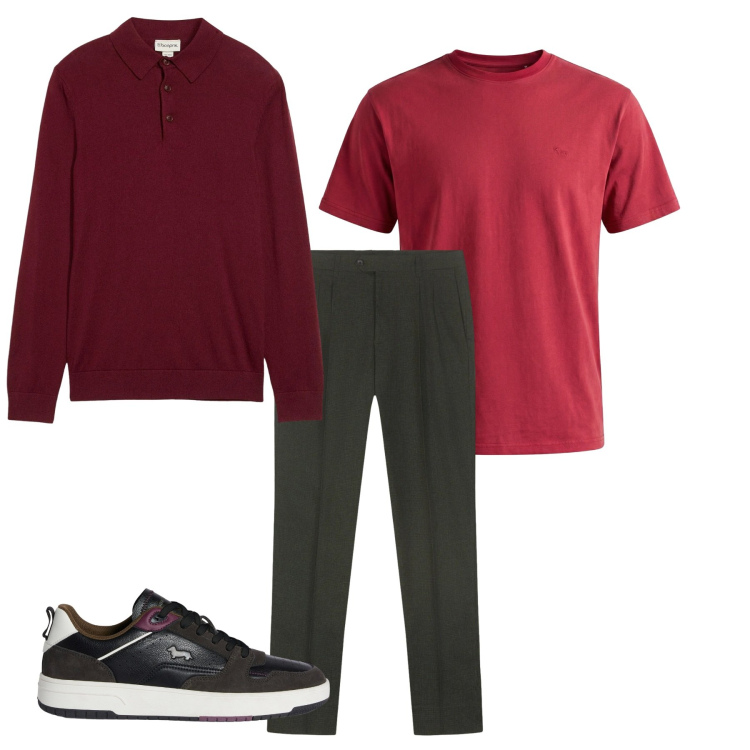 Outfit uomo - Burgundy e moro. Stile Casual per Tutti i giorni. Abbinamento con maglieria, t-shirt, sneakers, pantaloni.