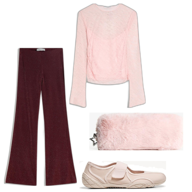 Outfit mujer - Casual look. Estilo Casual para Escuela/Universidad. Combinación con maletas, bailarinas, pantalones, camiseta.