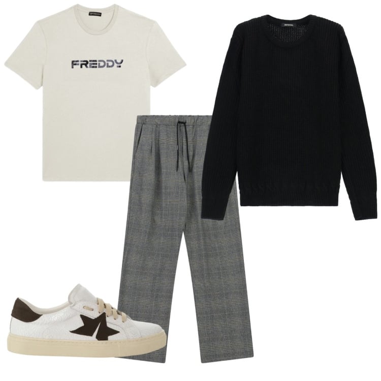 Outfit uomo - Una passeggiata. Stile Casual per Tutti i giorni. Abbinamento con maglieria, pantaloni, sneakers, t-shirt.