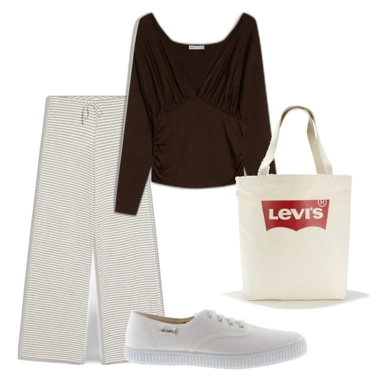 Outfit mujer - Casual look. Estilo Casual para Todos los días. Combinación con bolso tote, sneakers, pantalones, camiseta.