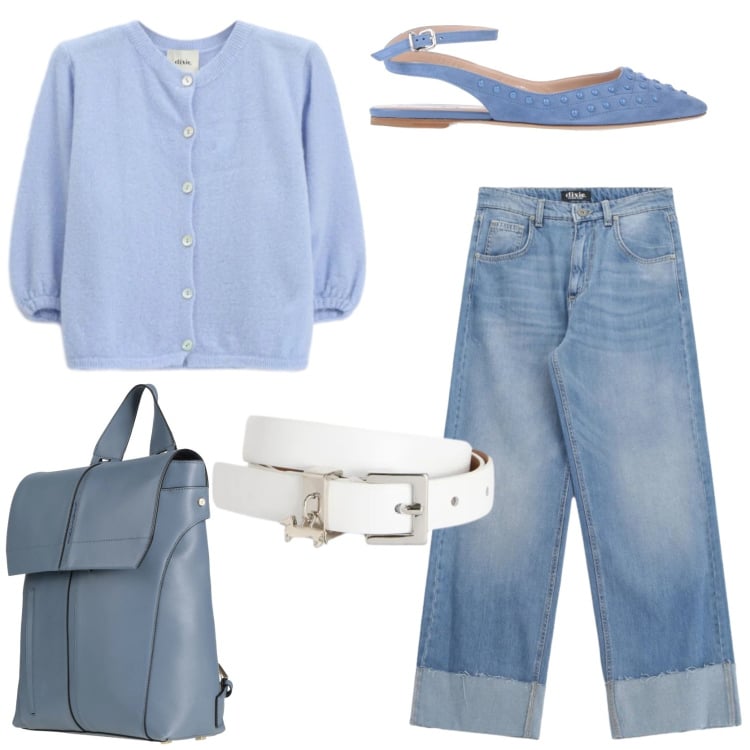 Outfit donna - Declinazioni di colori pastello. Stile Chic per Tutti i giorni. Abbinamento con ballerine, zaini, cinture, cardigans, jeans.