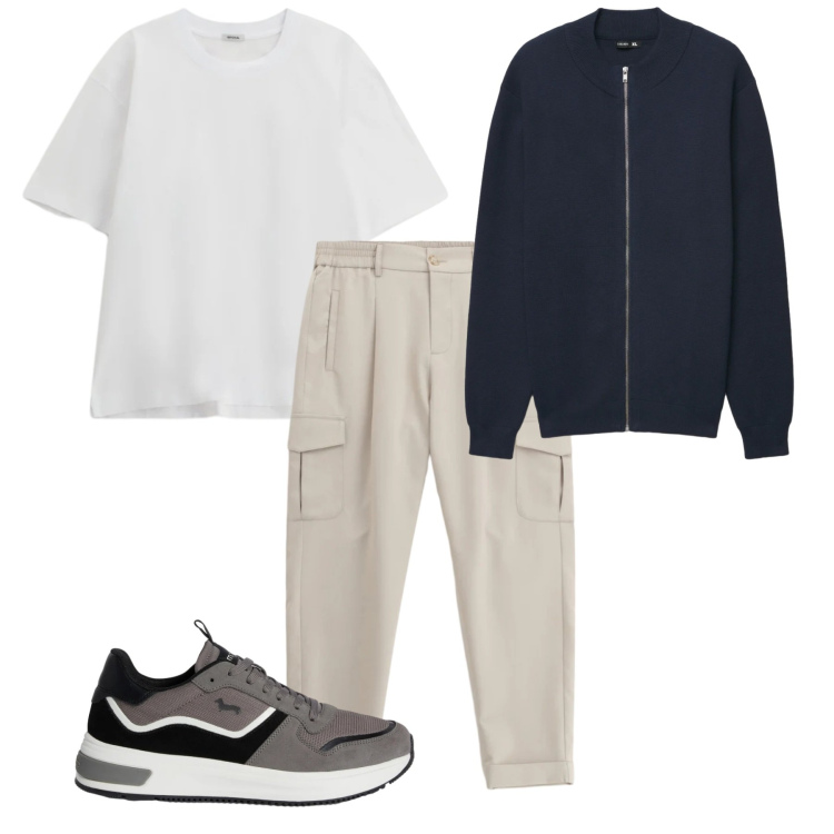 Outfit uomo - La zip. Stile Casual per Tutti i giorni. Abbinamento con cardigans, pantaloni cargo, t-shirt, sneakers.