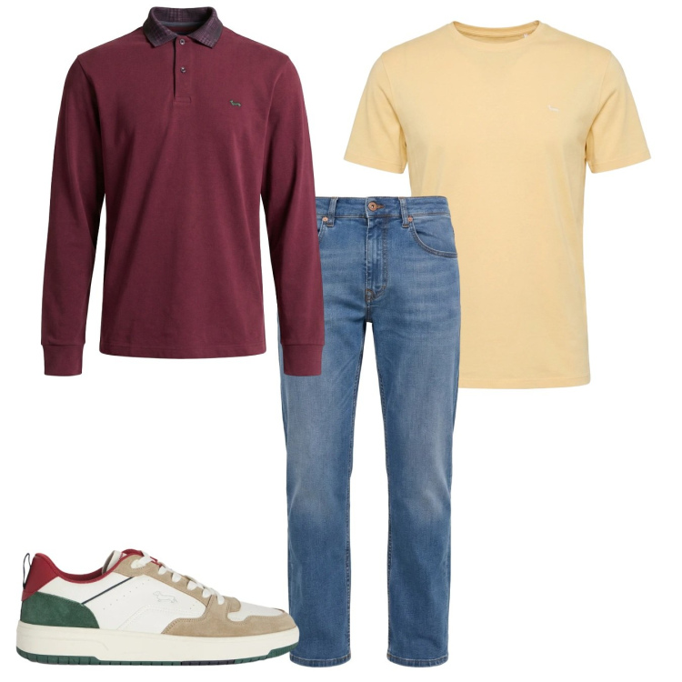 Outfit uomo - Pomeriggio. Stile Casual per Tutti i giorni. Abbinamento con sneakers, jeans, t-shirt, polo.