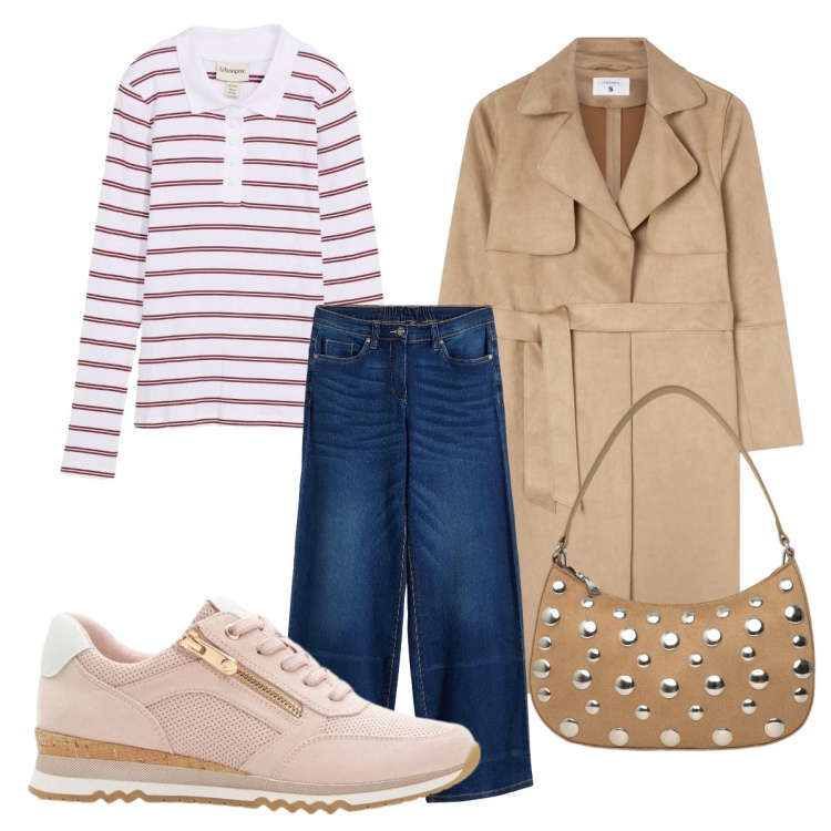 Outfit donna - Primavera elegante. Stile Romantica per Ufficio. Abbinamento con jeans, sneakers, polo, trench, borse a tracolla.