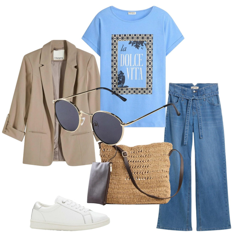 Outfit donna - Total look Bonprix. Stile Casual chic per Tutti i giorni. Abbinamento con t-shirt, jeans, occhiali da sole, blazer, borse a tracolla, sneakers.