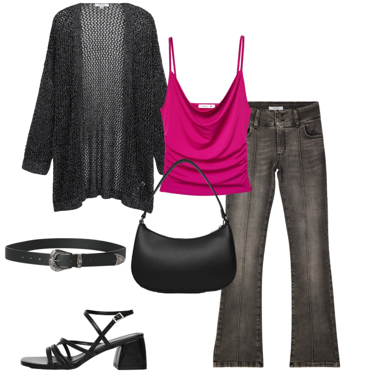 Outfit donna - Total look terranova. Stile Casual chic per Serata fuori. Abbinamento con kimono, cinture, jeans, canottiere, borse a tracolla, sandali col tacco.