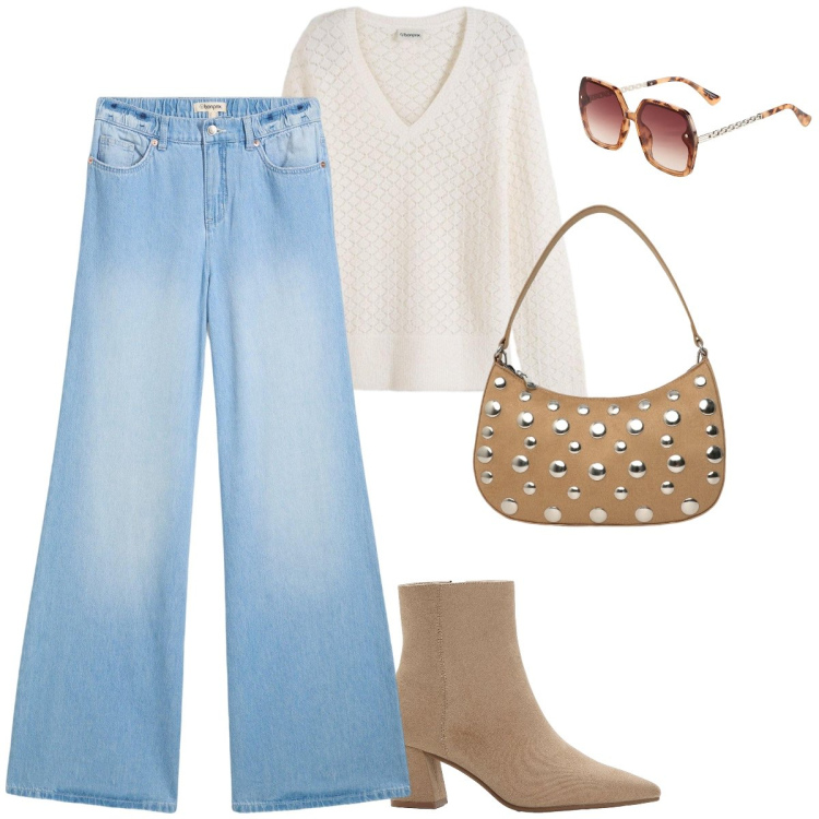 Outfit donna - Total look #2363194. Stile Casual chic per Tutti i giorni. Abbinamento con jeans, maglieria, stivaletti, occhiali da sole, borse a tracolla.