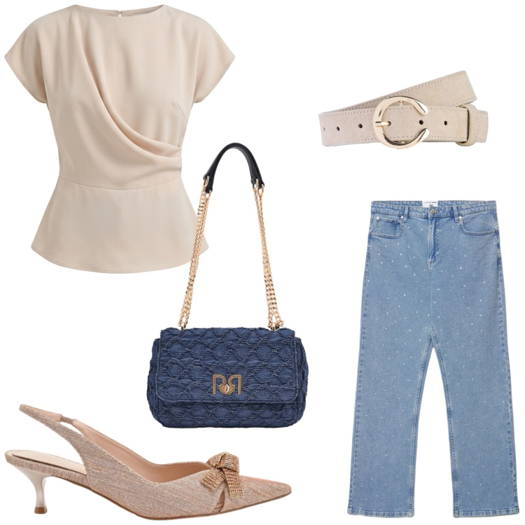 Outfit donna - Casual elevato. Stile Casual chic per Tutti i giorni. Abbinamento con cinture, jeans dritti, décolleté, borse a spalla, bluse.