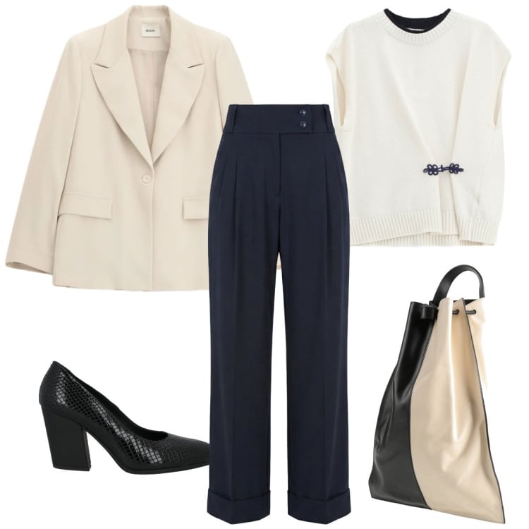 Outfit donna - Classe Black and White. Stile Casual chic per Tutti i giorni. Abbinamento con décolleté, zaini, pantaloni, blazer, top.