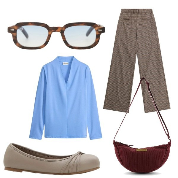 Outfit donna - Total look #2363206. Stile Casual chic per Ufficio. Abbinamento con ballerine, bluse, pantaloni a palazzo, occhiali da sole, borse a tracolla.