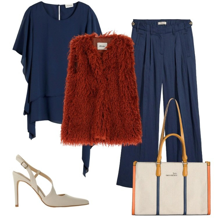 Outfit donna - Total look #2363207. Stile Boho per Ufficio. Abbinamento con bluse, pantaloni, borse tote, décolleté, gilet.