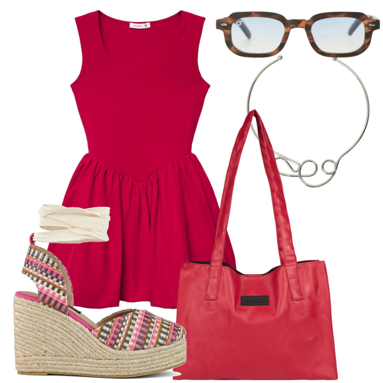 Outfit donna - Missione compere. Stile Trendy per Tutti i giorni. Abbinamento con vestiti corti, occhiali da sole, collane, shopping bag, zeppe.