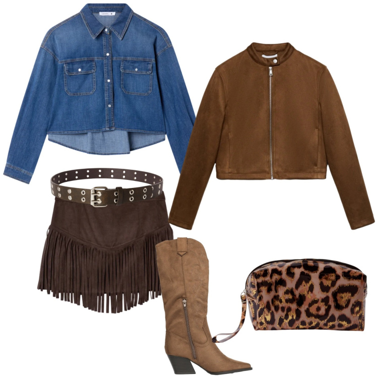 Outfit donna - Cute country girl. Stile Trendy per Serata fuori. Abbinamento con cinture, camicie, stivali, giacche, pochette, minigonne.