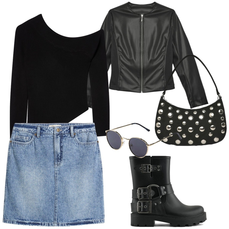 Outfit donna - Total look #2363211. Stile Casual per Tutti i giorni. Abbinamento con occhiali da sole, minigonne, maglieria, giacche, borse a tracolla, stivali.