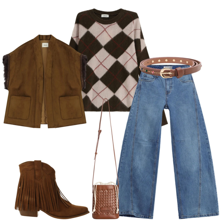 Outfit donna - Total look #2363217. Stile Trendy per Tutti i giorni. Abbinamento con borse a secchiello, cinture, stivaletti texani, gilet, maglieria, jeans.