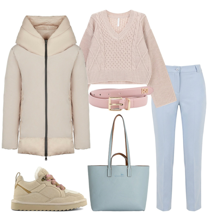 Outfit donna - Total look #2363220. Stile Casual chic per Tutti i giorni. Abbinamento con shopping bag, maglieria, cinture, pantaloni, piumini, sneakers alte.