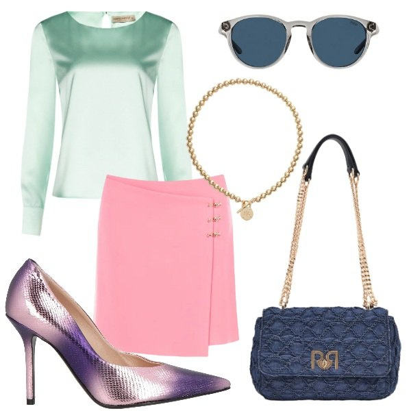 Outfit donna - Rinascimento stile glamour. Stile Glamour per Tutti i giorni. Abbinamento con décolleté, bluse, minigonne, borse a spalla, occhiali da sole, collane.