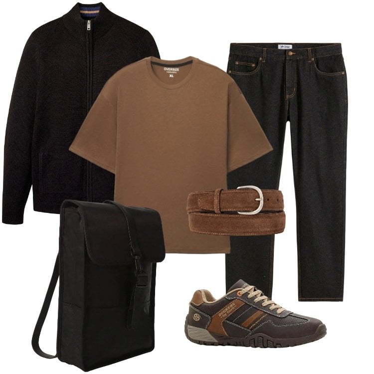 Outfit uomo - Total look #2363224. Stile Trendy per Tutti i giorni. Abbinamento con jeans dritti, cardigans, sneakers, t-shirt, borse sportive, cinture.