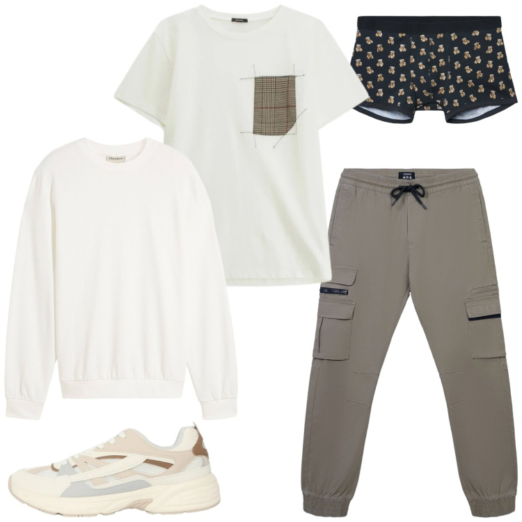 Outfit uomo - Total look #2363228. Stile Casual per Sport. Abbinamento con felpe, t-shirt, pantaloni cargo, boxer, sneakers.