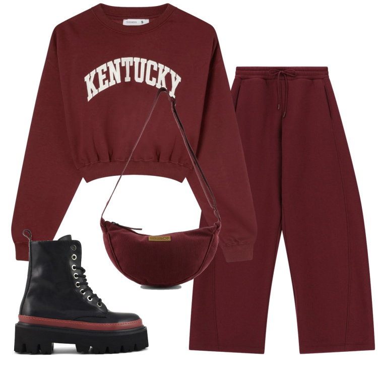 Outfit donna - Total look #2363230. Stile Casual per Tutti i giorni. Abbinamento con felpe, pantaloni a palazzo, borse a tracolla, anfibi.