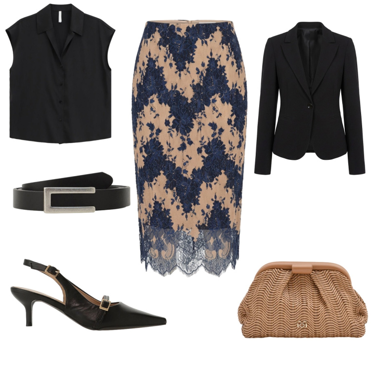 Outfit donna - Cena fuori. Stile Chic per Serata fuori. Abbinamento con camicie a manica corta, sandali col tacco, cinture, blazer, pochette, gonne longuette.