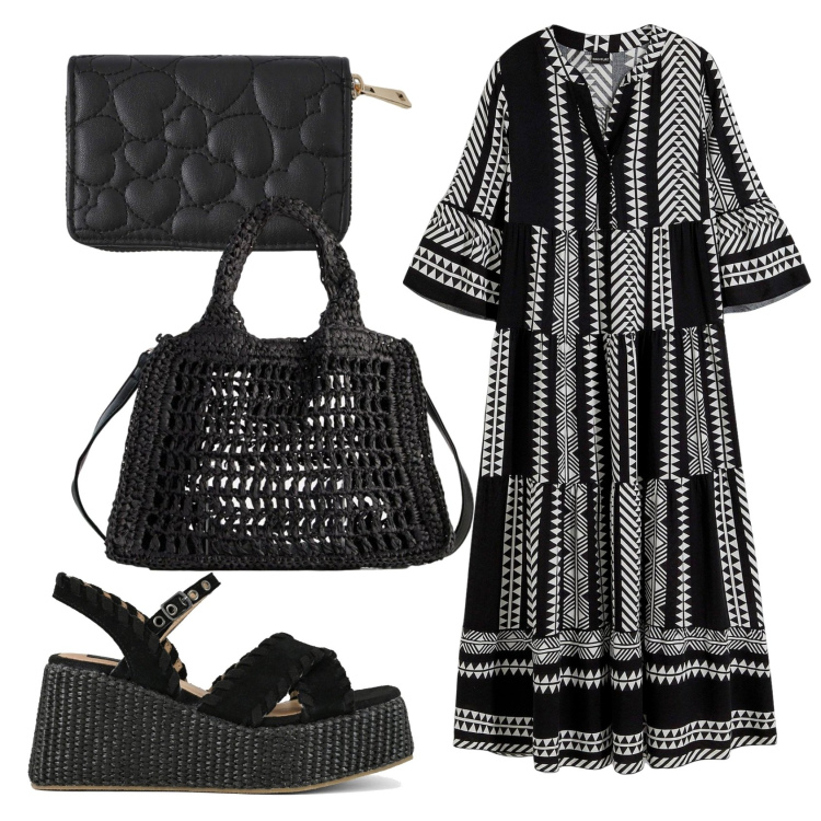 Outfit donna - Total look #2363232. Stile Etnico per Tutti i giorni. Abbinamento con vestiti lunghi, borse a tracolla, portafogli, zeppe.