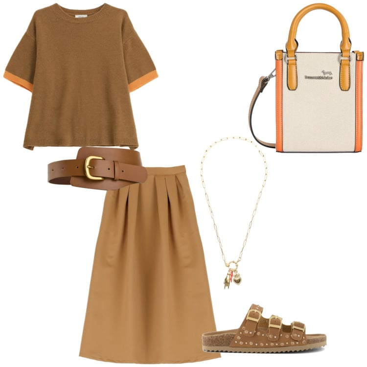 Outfit donna - Orange County. Stile Casual chic per Tutti i giorni. Abbinamento con cinture, borse tote, maglieria, gonne lunghe, ciondoli, sandali.