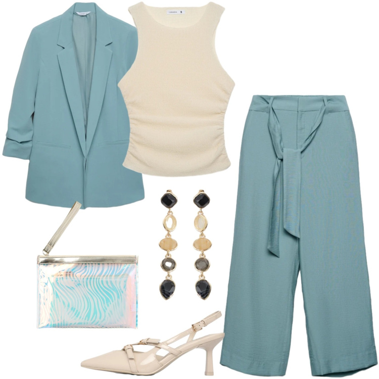 Outfit donna - Pantaloni crop wide leg verde acqua. Stile Casual per Tutti i giorni. Abbinamento con décolleté, blazer, pochette, top, pantaloni a palazzo, cappelli con visiera.