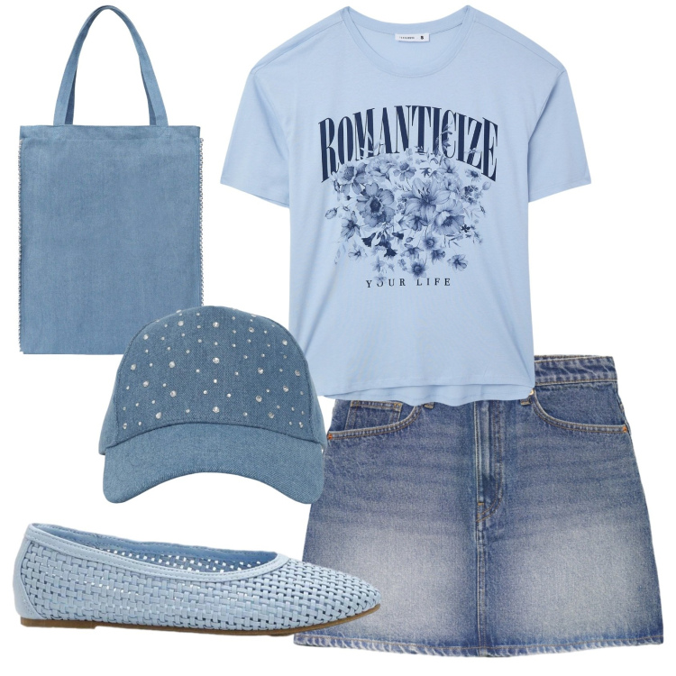 Outfit donna - Total look #2363244. Stile Casual per Tutti i giorni. Abbinamento con ballerine, t-shirt, cappelli, borse tote, minigonne.