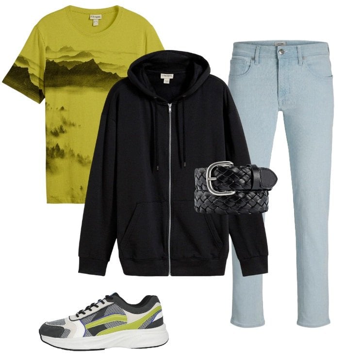 Outfit uomo - Total look #2363246. Stile Urban per Tutti i giorni. Abbinamento con t-shirt, felpe con cappuccio, jeans, sneakers, cinture.